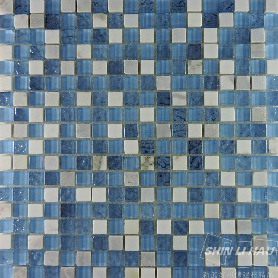玻璃馬賽克-水石混拼[廚房、衛浴空間、主題牆適用] - 藍色(單顆尺寸:1.5x1.5x0.8CM)